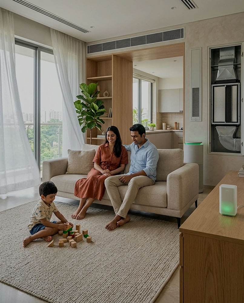 Family relaxing in sustainable apartment with advanced indoor air quality systems in Prana GIFT City