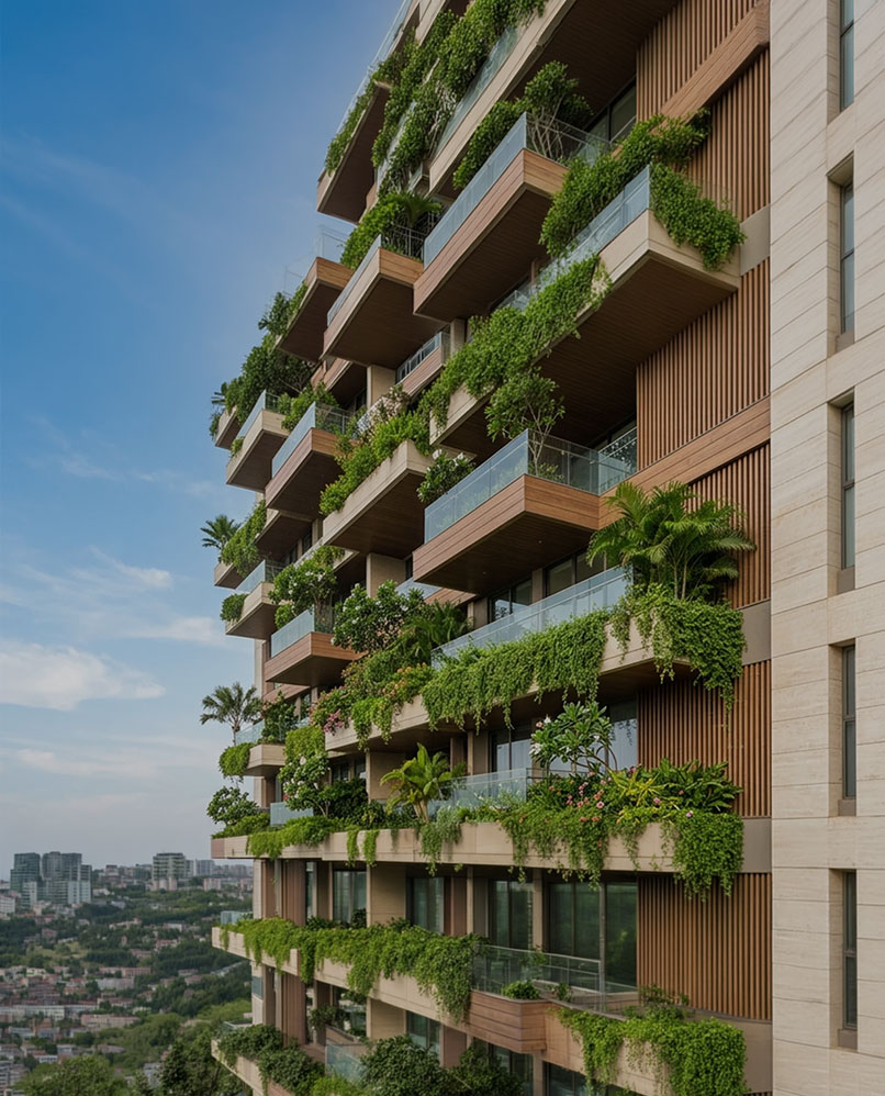 Green balconies and biophilic architecture in carbon neutral residential building in Prana GIFT City