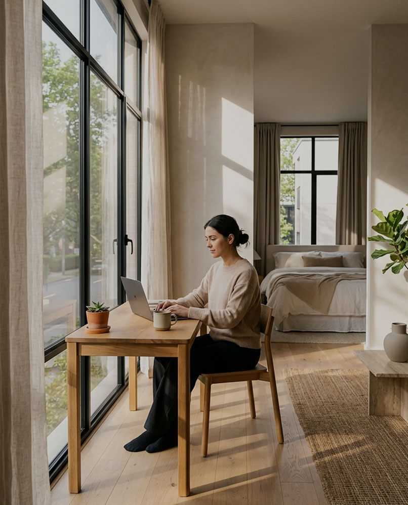 Sunlit apartment interior with work-from-home setup supporting wellness and natural daylight in Prana GIFT City