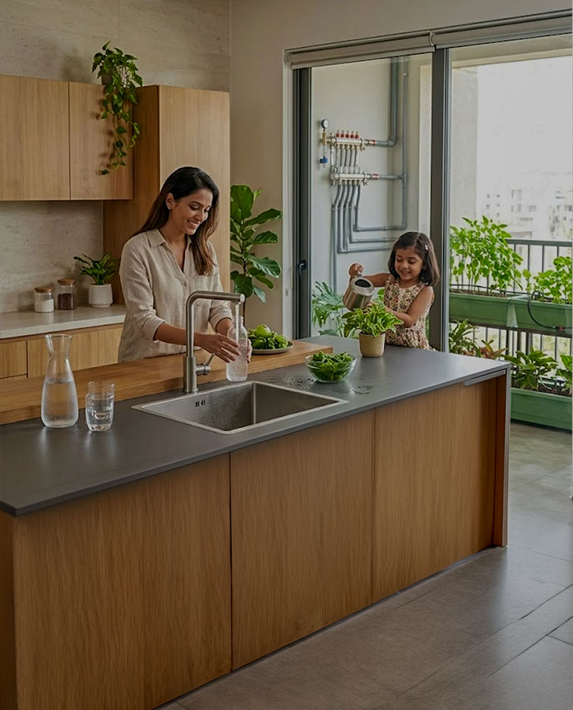 Eco-friendly kitchen with water-efficient systems in sustainable home at Prana GIFT City