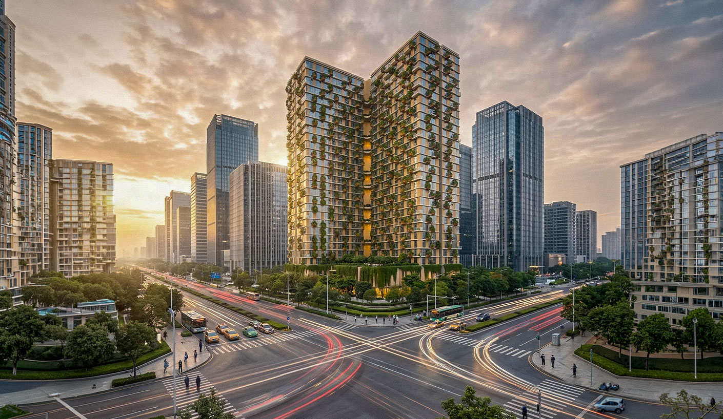 Carbon neutral residential towers in Prana GIFT City with green façade and modern skyline